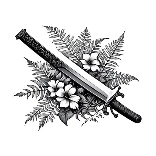 samurai sword in the ground with ferns and flowers tattoo design idea