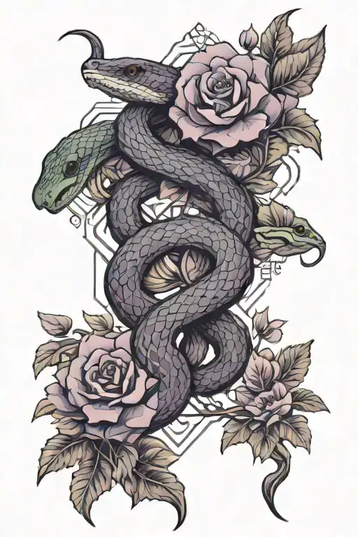 Snake and purple flowers and branches tattoo design idea