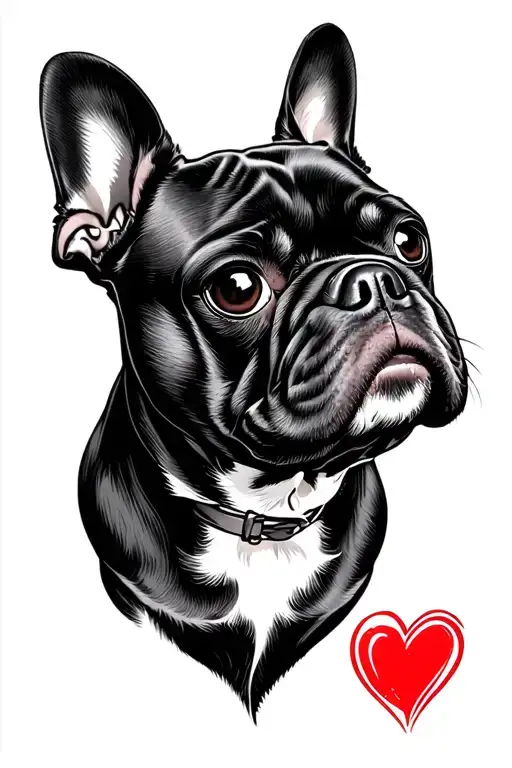 black pug Face and heart surrounded stylus femme tattoo design idea