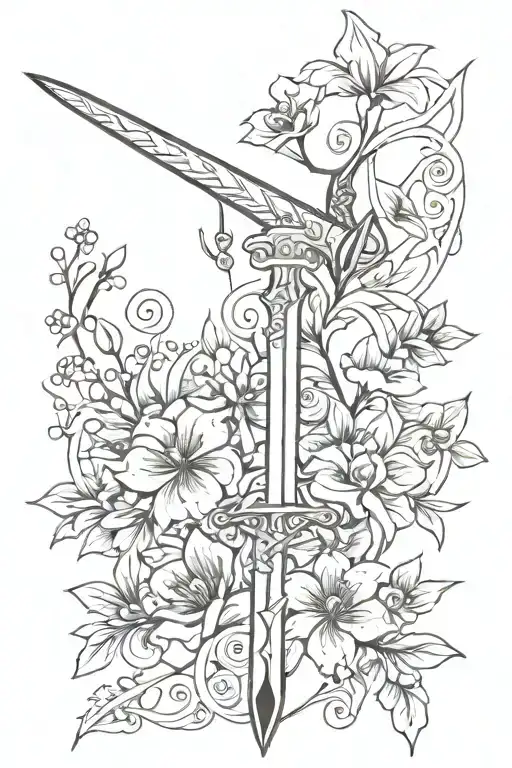 sword with florals wrapped around it with the word "ataraxia" on the blade tattoo design idea