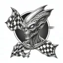 alien and checkered flag tattoo design idea