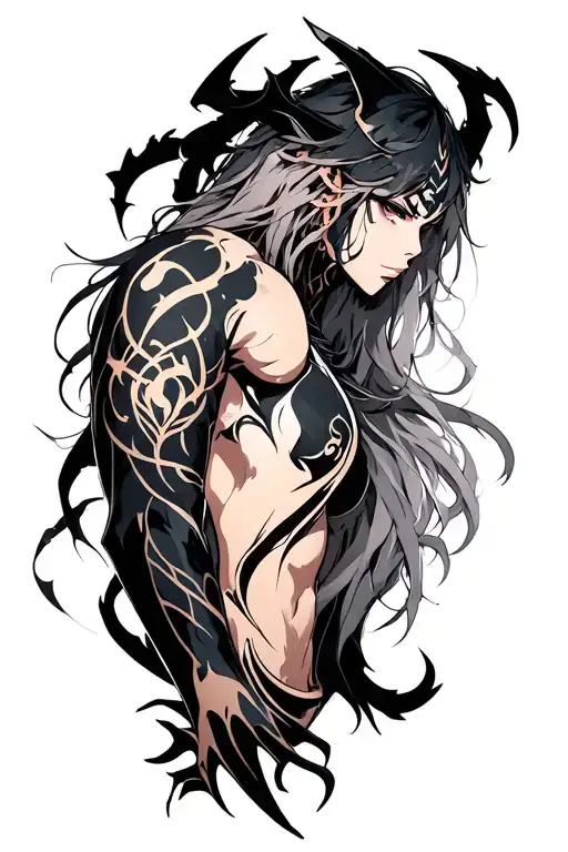 A tatto design for my arm, based in different animes, Demon ,shadow, fully arm design, ink , 4k , ultra tattoo design idea