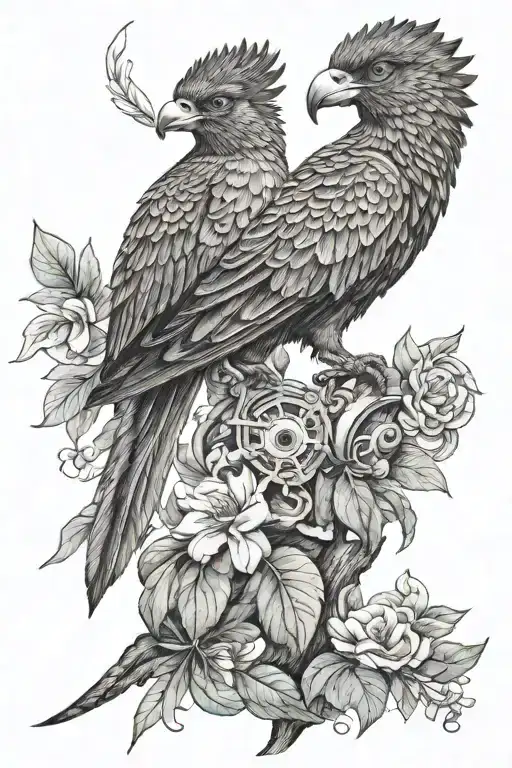 a toh bird and a quetzal bird combined all in one single bird with the key elements of both, and realistic tattoo design idea