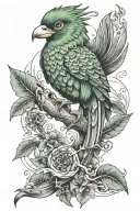 a toh bird and a quetzal bird combined all in one single bird with the key elements of both, and realistic tattoo design idea