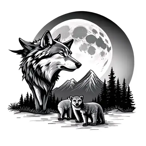 Wolf head in front of moon looking down at 2 cubs with mountain trees tattoo design idea