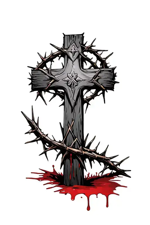 rustic cross with crown of thorns and nails at the foot with blood stains tattoo design idea