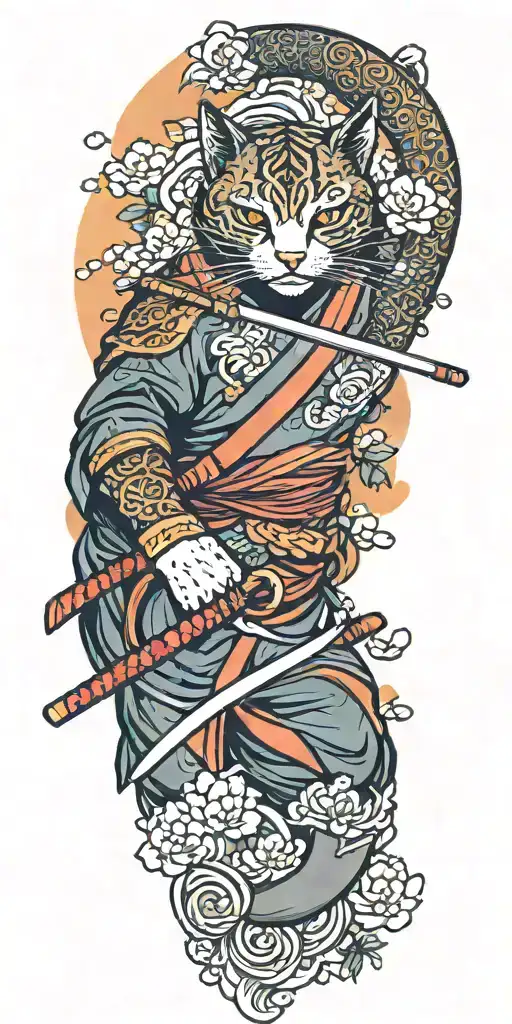 ninja cat holding katana, tail, water, waves, lotus, sakura, clouds, whirlpool, leaves, peony, sunset tattoo design idea