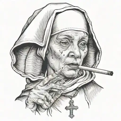 Smoking young nun with cigarette in hand looking straight ahead tattoo design idea
