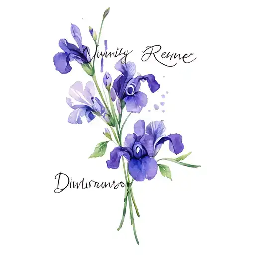"Divinity Renée" violets and irises bouquet tied tattoo design idea