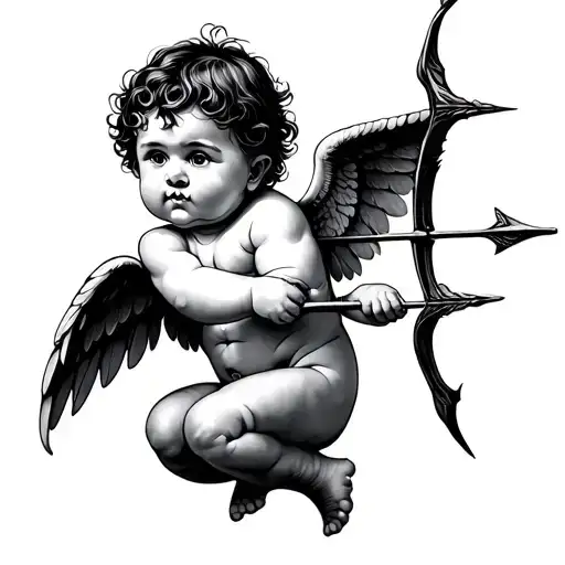 baby Cupid shooting himself with the arrow tattoo design idea
