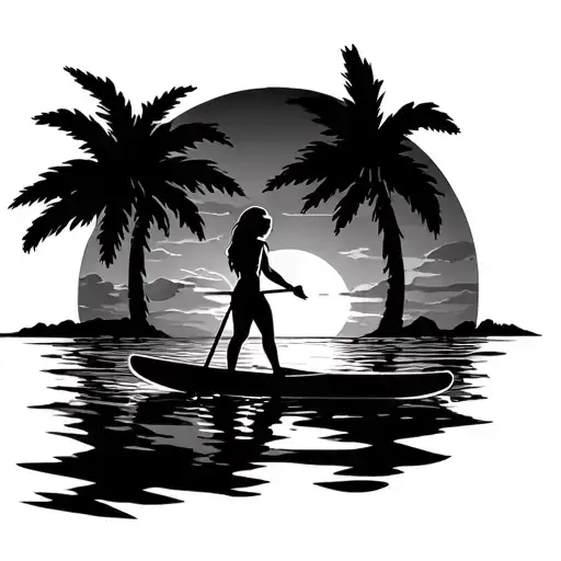 female Paddleboarder with sunset beach tattoo design idea