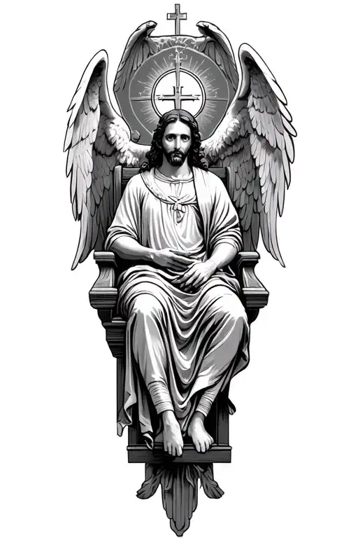 Christian God sitting on the throne judging people, surrounded by the angels tattoo design idea
