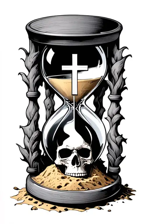 hour glass with small cross in one half poking out of some sand and the bottom has a partially covered skull in sand  tattoo design idea
