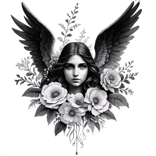 seraphim angel on womans face surrounded by flowers tattoo design idea