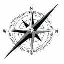 A minimalist compass with subtle N/E/S/W markings, medium size, with the north arrow shaped like a sleek airplane (point tattoo design idea