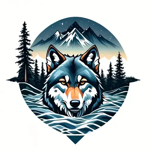 'Wolf' beaches in the ground,forest and mountain in the middle in the background of wolf and night sky. text-PERSPECTIVE tattoo design idea