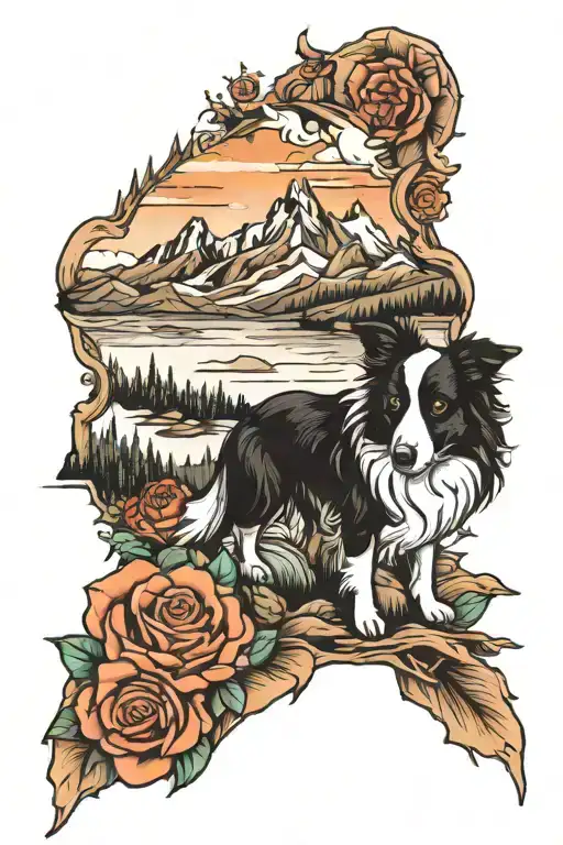 mountain, travel and border collie tattoo design idea