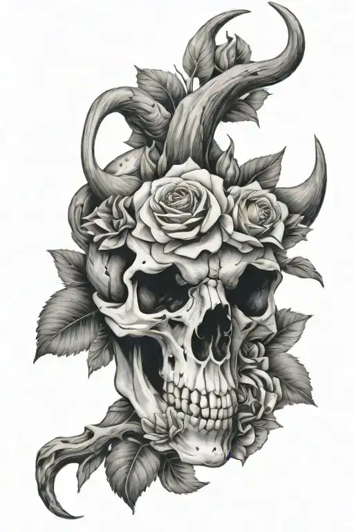 long horn skull, flowers, mountains inside tattoo design idea