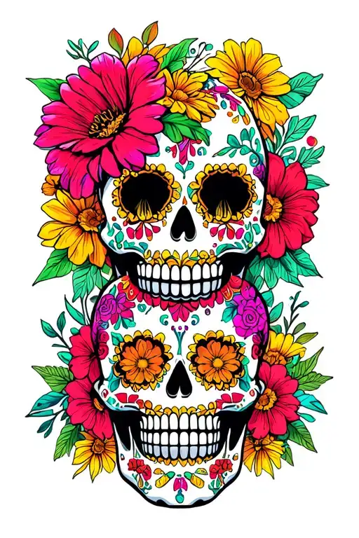Three Mexican sugar skulls, one under another, with a lot of flowers around tattoo design idea