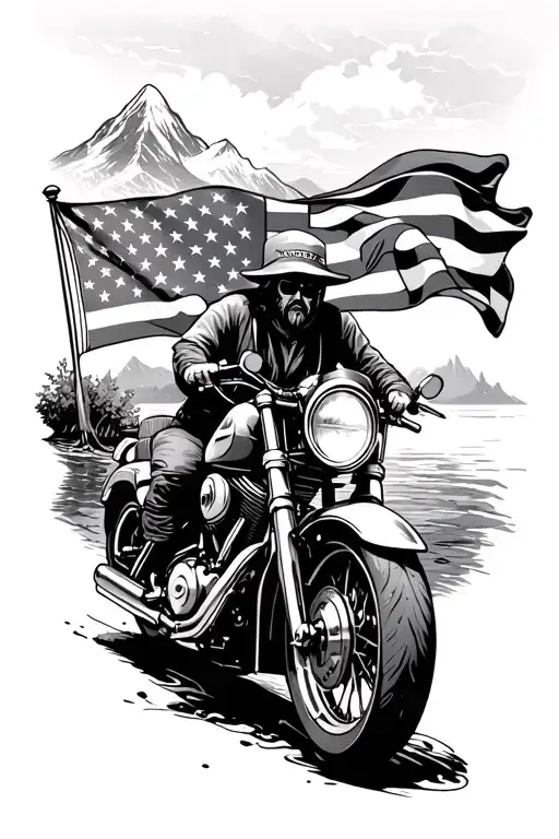 motorcycle, adventure, mountain, sea, USA flag, Alice in wonderland, road tattoo design idea