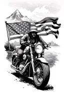 motorcycle, adventure, mountain, sea, USA flag, Alice in wonderland, road tattoo design idea