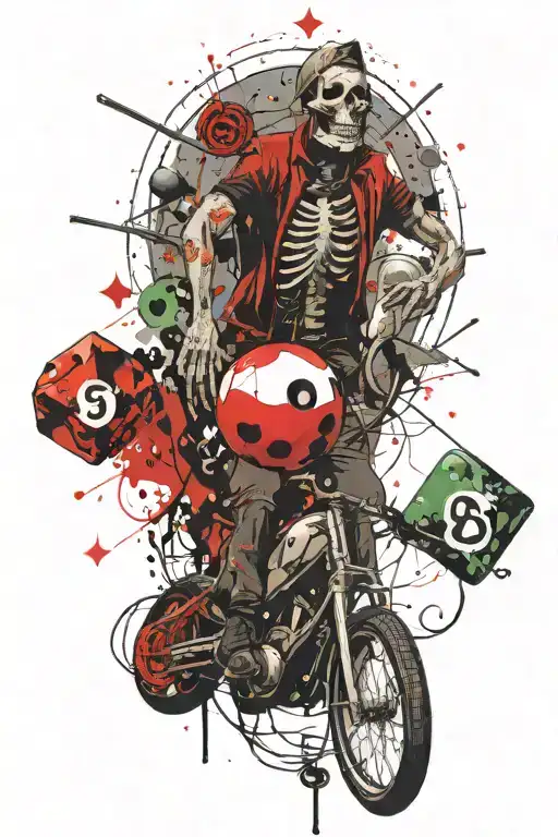 1 date on billiard balls, 1 date on tarot deck, bicycle, skeleton, stars tattoo design idea