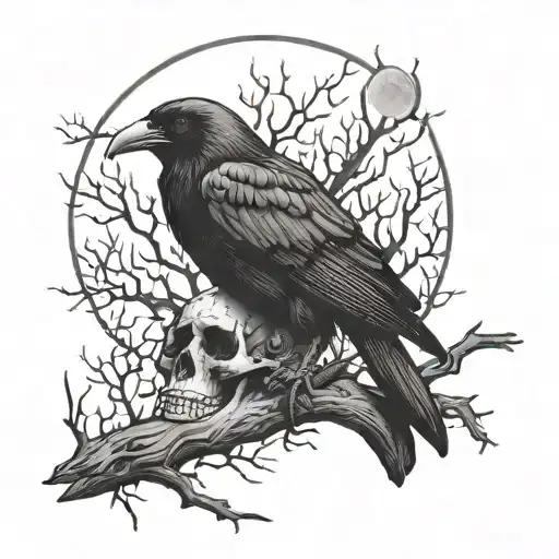 skull, crow, dead tree, moon. tattoo design idea