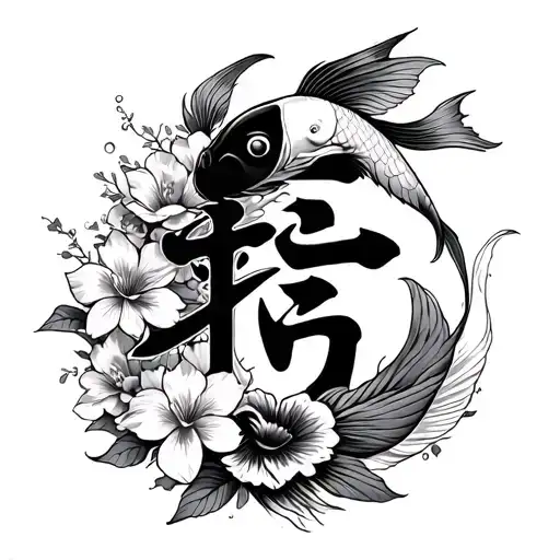 add on to the Japanese symbol for war with koi fish and flowers  tattoo design idea