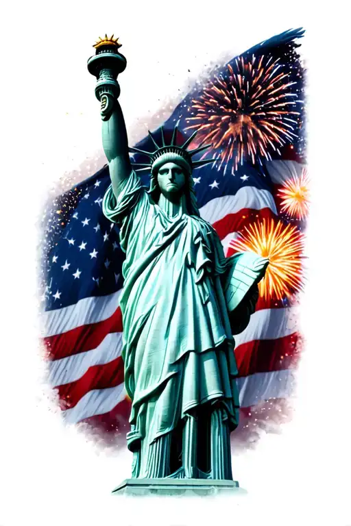 dark bald eagle, fireworks, and statue of liberty in front of dark us flag tattoo design idea