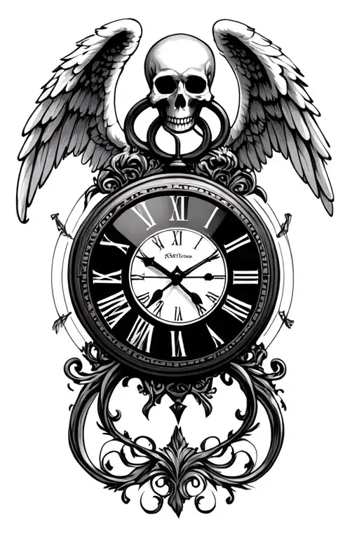 clock with skull and angel wings made tattoo design idea