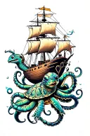 shellback turtle carrying a ship on its back side with an octopus attempting to take both and drag them underwater tattoo design idea