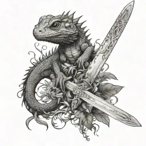 epic dark gothic realistic long sword with some creeping vegetation and a bearded dragon crawling over it tattoo design idea