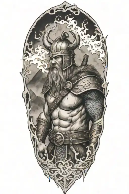 Viking warrior, ruined castles, fire and smoke forming the shape tattoo design idea