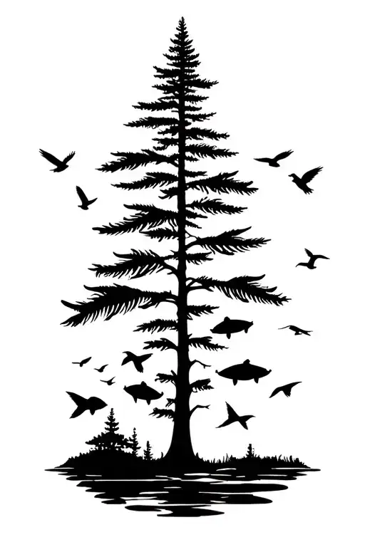 fir tree fish in nature birds flying towards tattoo design idea