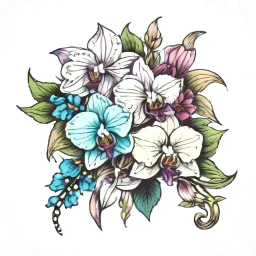 bold color tattoo for shoulder that has the following flowers Orchid, snowdrop, viola, lily, kaleidoscope rose and amary tattoo design idea