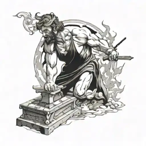 greek god hephaestus strikes an anvil against a backdrop of fire tattoo design idea