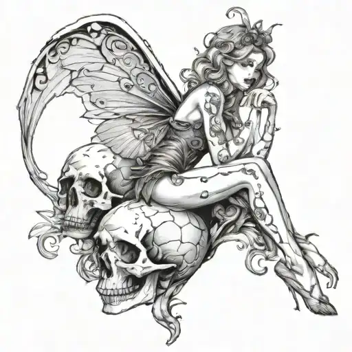 sexy fairy standing one foot on skull  tattoo design idea