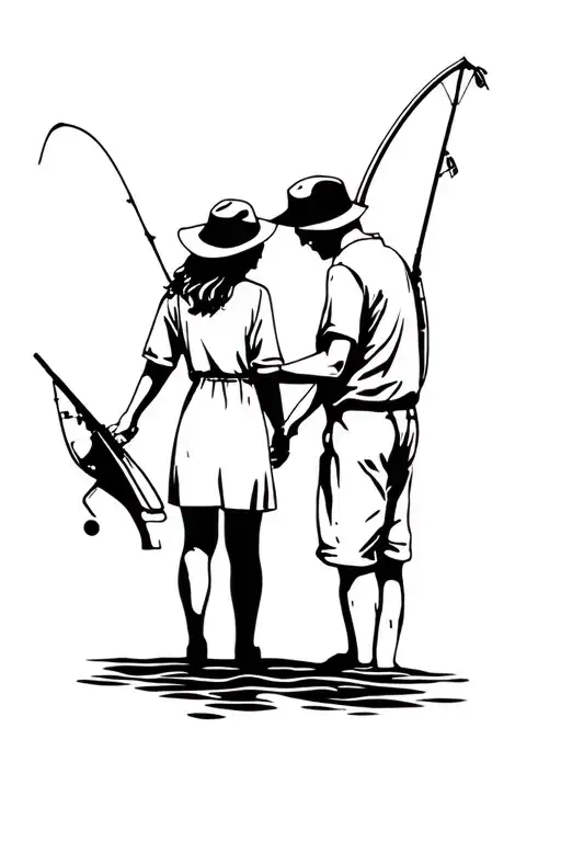 gone fishing granddaughter and grandfather shadow tattoo design idea
