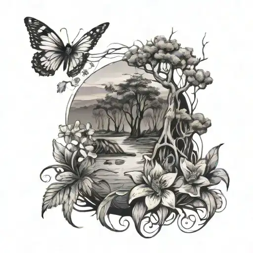 feminine swamp tattoo with cypress tree with roots surrounded by swamp violets and primrose tattoo design idea