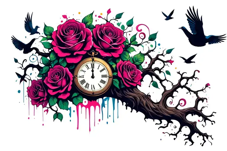 poison tree with roses and clock face with doves flying tattoo design idea