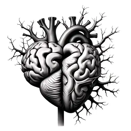 Realistic Half heart half brain blended perfectly with neurons merging with arteries and veins  tattoo design idea