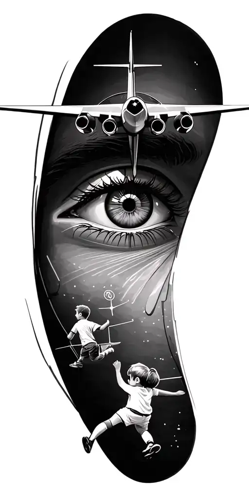 aviation airplane and a compass and kids play soccer with the field in the eye tattoo design idea