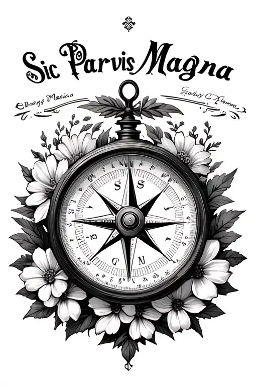 "Sic Parvis Magna" "Sic Parvis Magna" vintage compass with flowers surrounding tattoo design idea