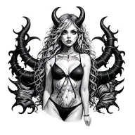 Sexy Pale Girl, Petite, Big Boobs, Wide Hips, G-string. Messy Hair, Demonic Horns, Sexual.... Tattoo on hood tattoo design idea