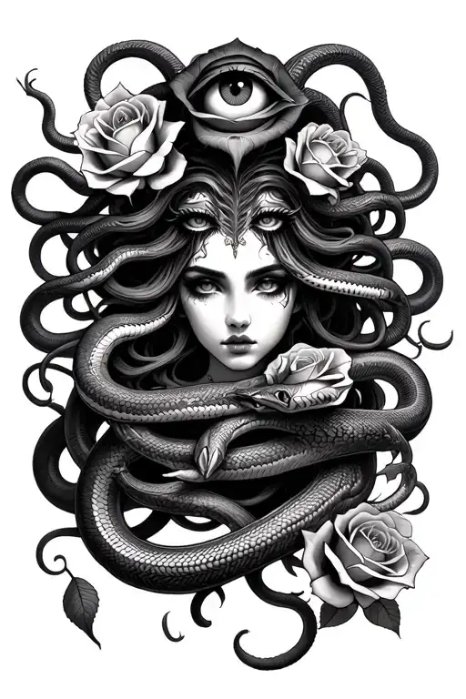 Medusa with 11 snakes with faces and 2 roses intertwined and one big eye above her  tattoo design idea