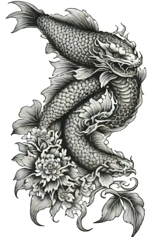 Japanese themed black and grey tattoo sleeve from shoulder to hand. Koi fish, dragon and garden. tattoo design idea