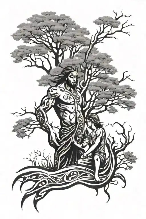 tribal sleeve with trees and a father and son holding hands tattoo design idea