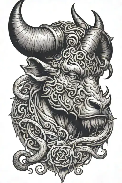 minotaur head with serpents weaving tattoo design idea