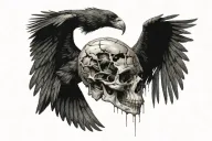 powerful crow flying towards each other with a skull in the center tattoo design idea