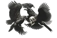 powerful crow flying towards each other with a skull in the center tattoo design idea